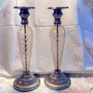 Vintage Iridescent Glass and Silvertone Brass 13”Candlesticks made India